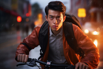 A beautiful young adult of Mongolianformal man riding his bicycle to work, a frontside portrait of a guy commuting on a bicycle on a rainy day in an urban street at sunset 