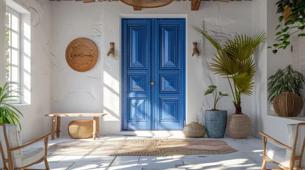 Rolgordijnen Greek island home  white walls, blue doors, cycladic architecture, santorini sunset, hdr photography © RECARTFRAME CH