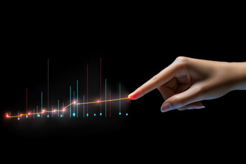 A minimalist business growth graph with a female hand pointing at one point of the graph which lights up under the fingertip seen from the front with a clear background 