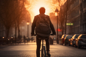 A beautiful young adult of Latin hipster man riding his bicycle to work, a backside portrait of a guy commuting on a bicycle on a sunny day in an urban street at sunset 