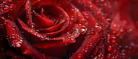 Macro Photography of a Stunning Red Rose Adorned with Dew Drops. Concept Macro Photography, Red Rose, Dew Drops, Botanical Beauty, Nature Close-Up