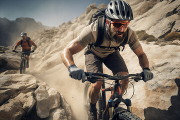 A stunning foto of a adult and Caucasian man riding his bicycle on a rocky mountain, a backside portrait of a guy racing his mountain-bike on a dusty hillside full of rocks at mid-day 
