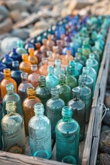 A wooden crate filled with various colored bottles of different shapes and sizes