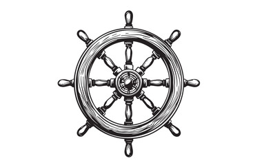  Illustration of retro ship steering wheel, Hand drawn style