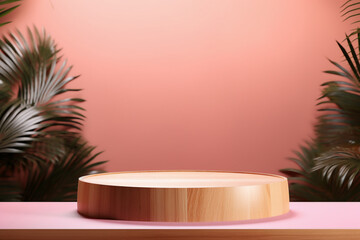 An empty round wooden podium set amidst a pink background and modern background a product display background or wallpaper concept with front-lighting 