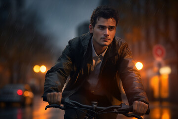 A beautiful young adult of Caucasianformal man riding his bicycle to work, a frontside portrait of a guy commuting on a bicycle on a rainy day in an urban street at sunset 