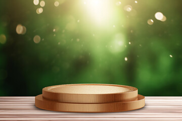 An empty round wooden podium set amidst a green background with water drops and modern background a product display background or wallpaper concept with backlighting 
