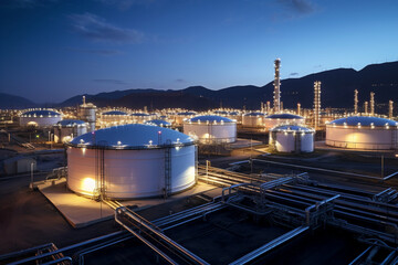 Aerial view of oil and gas terminal storage tanks of industrial plant or industrial refinery factor with a clear sky at night; in the desert the future of energy 