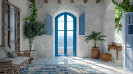 Cycladic architecture in greek island home with vibrant blue doors and traditional furniture - obrazy, fototapety, plakaty