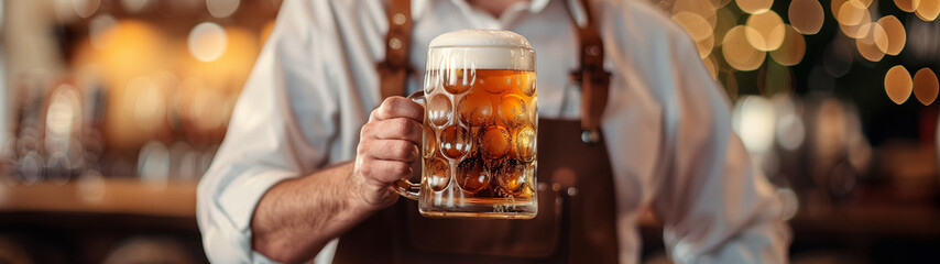 A man holding a mug of beer in his hand, Oktoberfest concept, created with generative AI technology  - obrazy, fototapety, plakaty