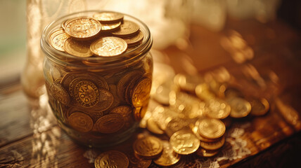 Glass jar filled with coins.