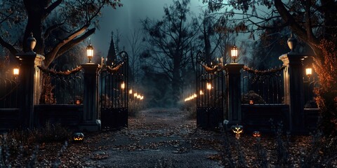 A dark and eerie scene with pumpkins on the ground. Perfect for Halloween-themed projects