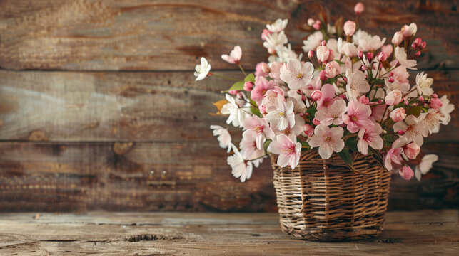 A bouquet of cherry blossoms in a rustic vase with weathered wooden backdrop, serene springtime vibe.