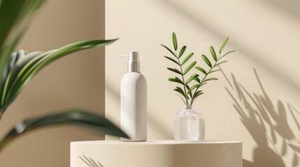 A bottle of lotion next to a plant, ideal for beauty or spa concepts