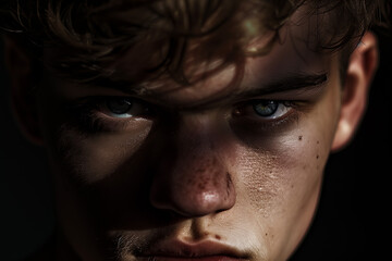 Obraz premium Intense Gaze - Young Male Close-Up. A close-up portrait of a young male's face, showcasing a deep and intense gaze that conveys emotion and determination