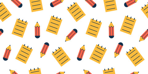 Vector seamless pattern with pencil and notepad. Back to school concept. School elements on white background. Education, learning and study. Take notes.