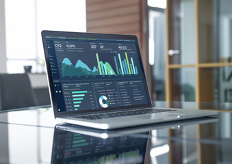 Corporate Analytics - Marketing Dashboard. Sleek laptop on a reflective table displaying a vibrant online marketing dashboard, highlighting key performance metrics in a corporate setting