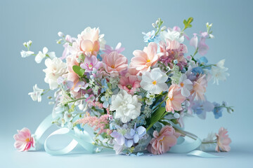 Bouquet of spring flowers arranged in a heart shape, with soft pastel colors and a ribbon tied around the stems, perfect for celebrating Mother's Day.