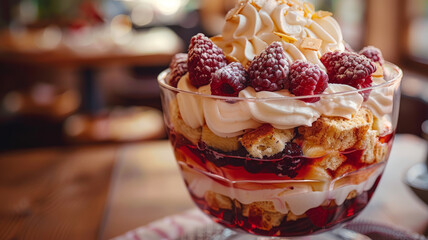Photo of a raspberry trifle dessert in a glass bowl.
