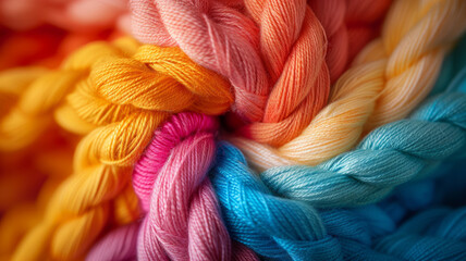 Multiple colorful yarns braided together. - obrazy, fototapety, plakaty