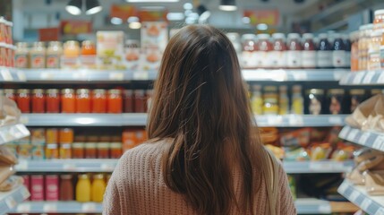A woman standing in front of a store shelf, suitable for retail or shopping concepts