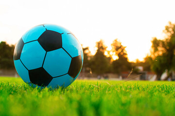 Pelota color azul del dia del niño en un campo de Soccer en un campo de cesped color verde - obrazy, fototapety, plakaty