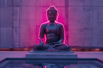 A neon glow buddha statue, mindfulness in chaotic world concept.