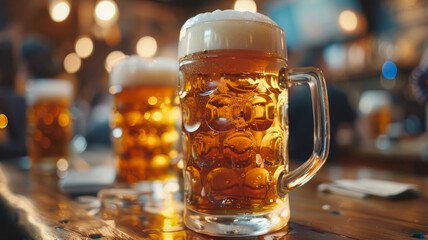 Two beer mugs on a bar counter. - obrazy, fototapety, plakaty