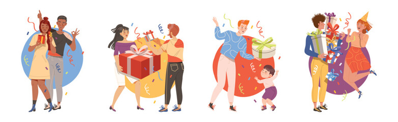 Gift Exchange with People Character Give and Receiving Present Box Vector Set