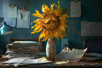 Sad and exhausted sunflower with stacks of documents on an office desk, hard work and burnout syndrome concept.