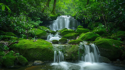 Verdant moss-covered waterfall in lush forest, tranquil nature escape