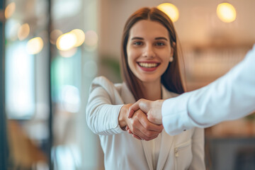 Welcoming Business Handshake from a Smiling Woman. A welcoming and friendly professional handshake from a smiling young businesswoman in a bright modern office environment.