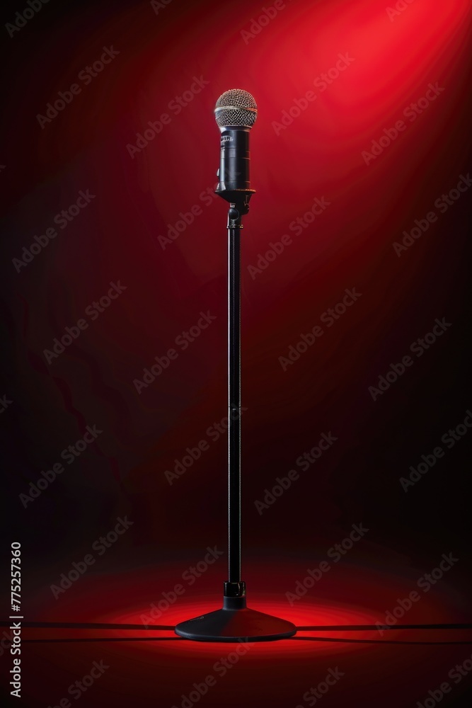 Poster a microphone on a stand with a red light. suitable for music or podcasting themes