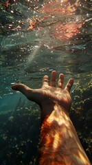 Fototapeta premium Underwater perspective of a human hand reaching to the surface