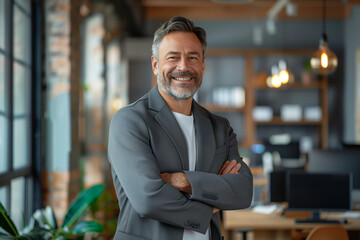 Fototapeta premium Confident Entrepreneur in Modern Workspace. Smiling middle-aged businessman with arms crossed in office.