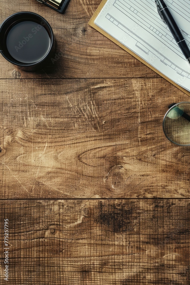 Poster a simple composition of coffee cup and pen on a wooden table. suitable for office or workspace conce
