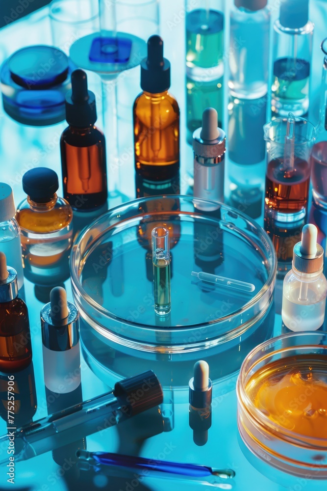 Poster Assorted bottles and containers on a table, suitable for various concepts and designs