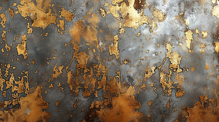 rusty metal texture background, scratchy gold painted wall, grey and gold colors - obrazy, fototapety, plakaty