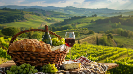 Picnic basket filled with artisanal tasty bread, delicious cheese, and rich wine, leisurely outdoor meal in the countryside.
