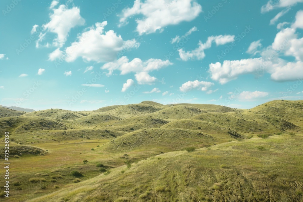 Poster a peaceful scene of a grassy plain under a cloudy sky. suitable for various nature-themed projects