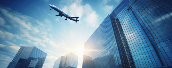 Blue skyscrapers with big glass windows and airplane on sky flying in background.