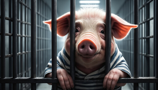 Imprisoned pig behind bars in prison. Generative AI