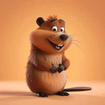 3D illustration of a goofy beaver with big teeth on an orange background.