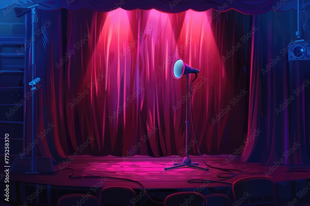 Poster a stage setup with a microphone and a vibrant red curtain. ideal for music performances or public sp