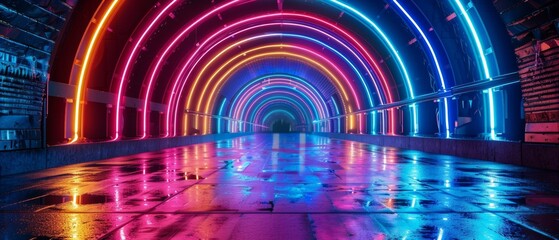 Neon Tunnel Led Lights Wet Street