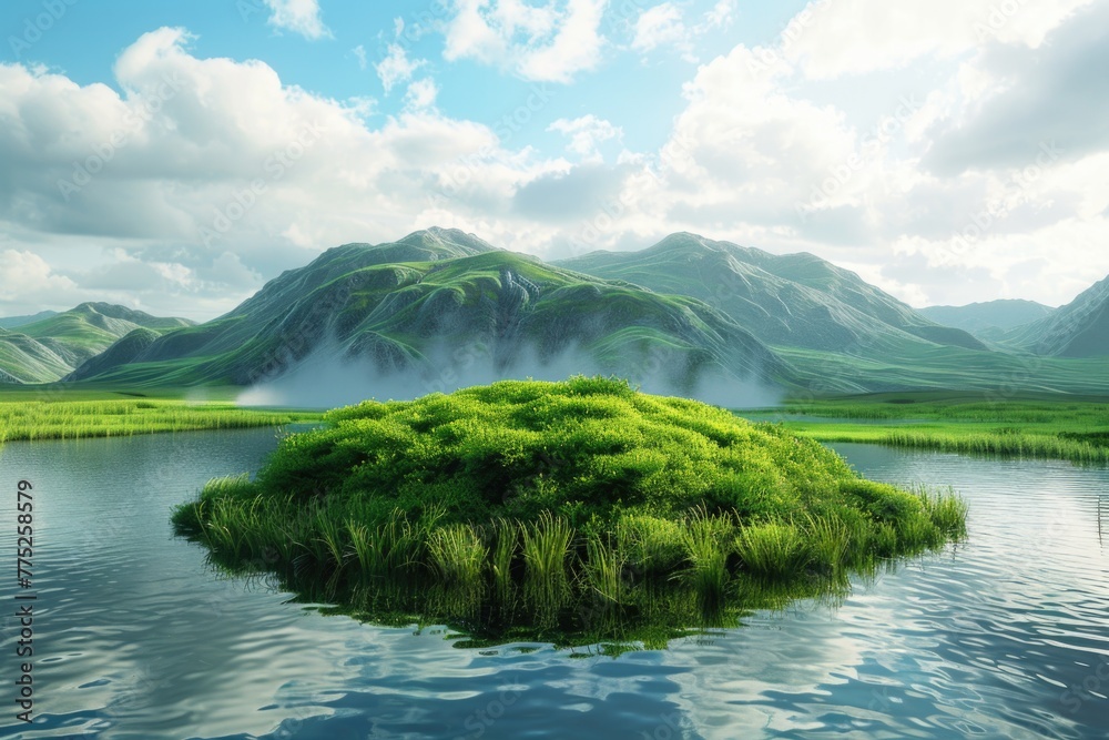 Poster a serene view of a small island in the middle of a lake. perfect for nature or travel concepts