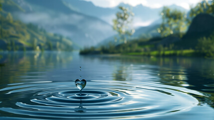 A heart-shaped teardrop falls into a calm lake, creating ripples, a theme of love and reflection - obrazy, fototapety, plakaty