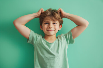 A happy and healthy young boy is standing and flexing his arms muscle on green background. - obrazy, fototapety, plakaty