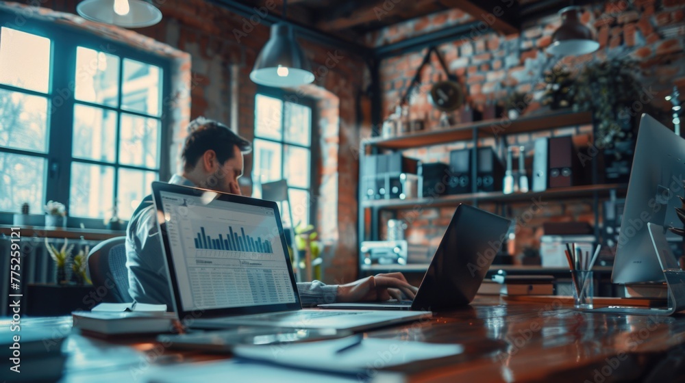 Aufkleber A man sitting at a desk using a laptop computer. Suitable for business and technology concepts