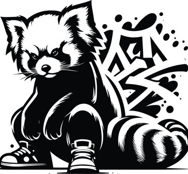 red panda, animal silhouette in graffiti tag, hip hop, street art typography illustration.

